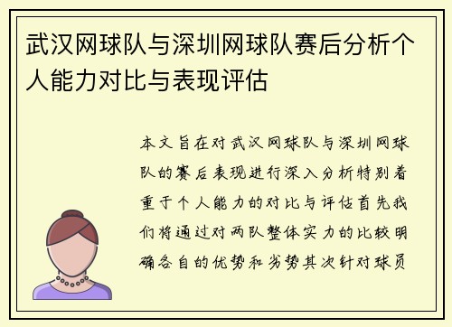 武汉网球队与深圳网球队赛后分析个人能力对比与表现评估