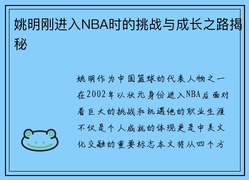 姚明刚进入NBA时的挑战与成长之路揭秘